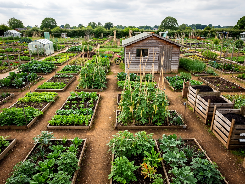 Wide view of a British allotment plot with multiple growing beds