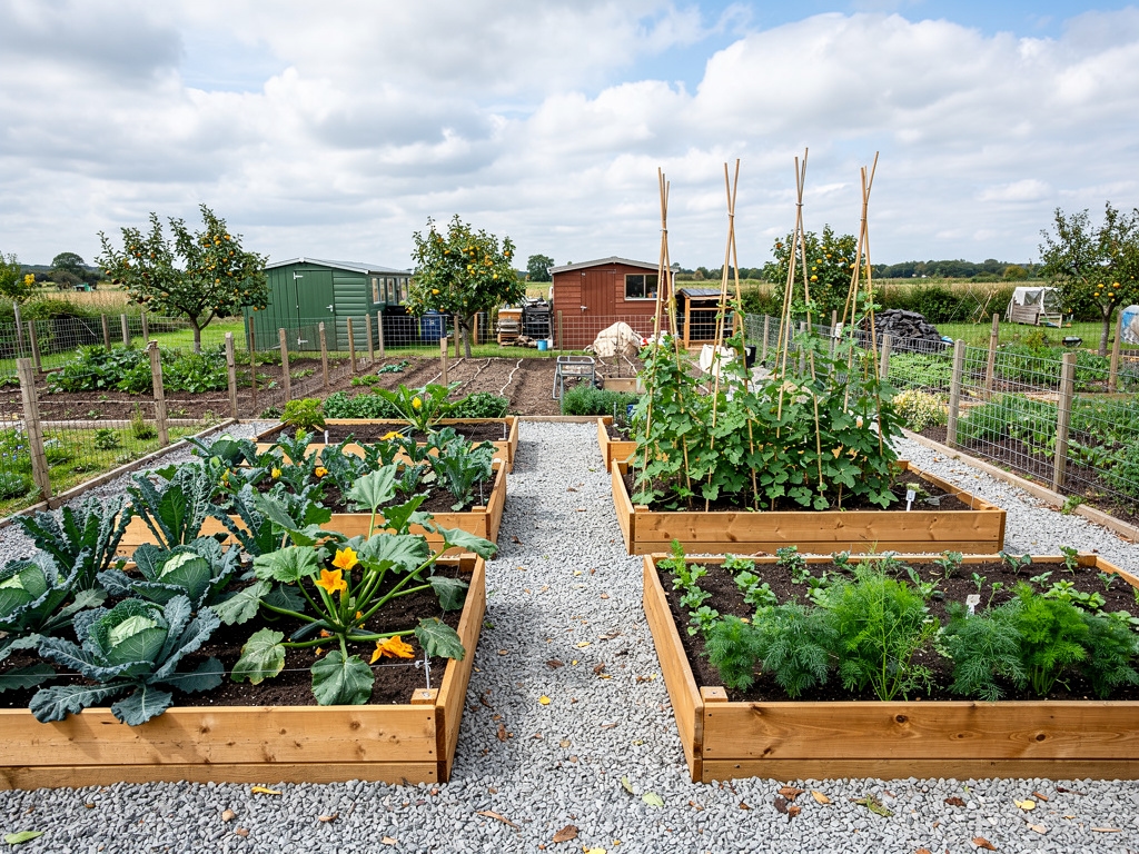 Neatly arranged raised beds on a British allotment in summer