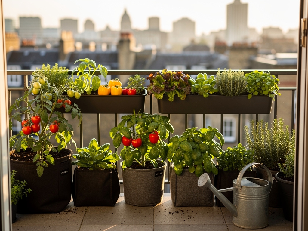 Compact container vegetables thriving on a small urban balcony
