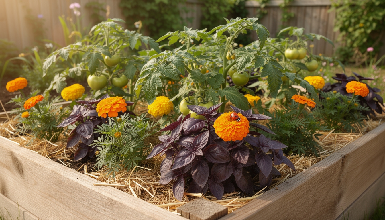 Marigolds and tomatoes growing together demonstrating companion planting in a raised bed