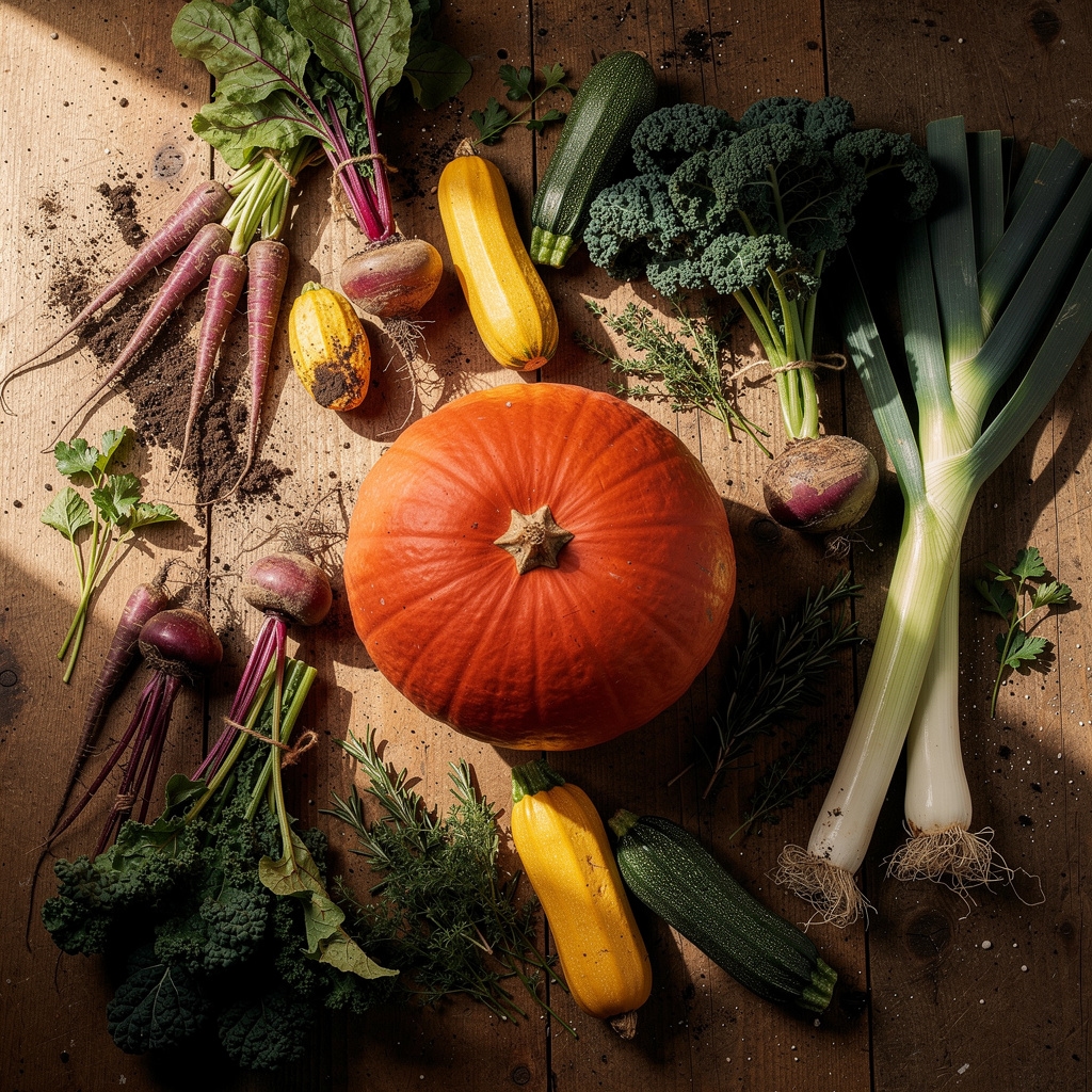 Colourful spread of freshly harvested British garden vegetables across a wooden table