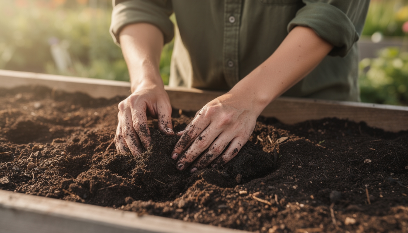 Gardener's hands working organic compost into soil in a raised bed