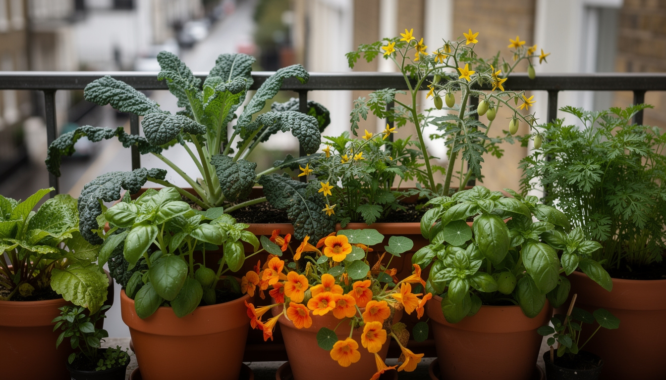 Lush vegetable plants growing in containers on a British urban balcony