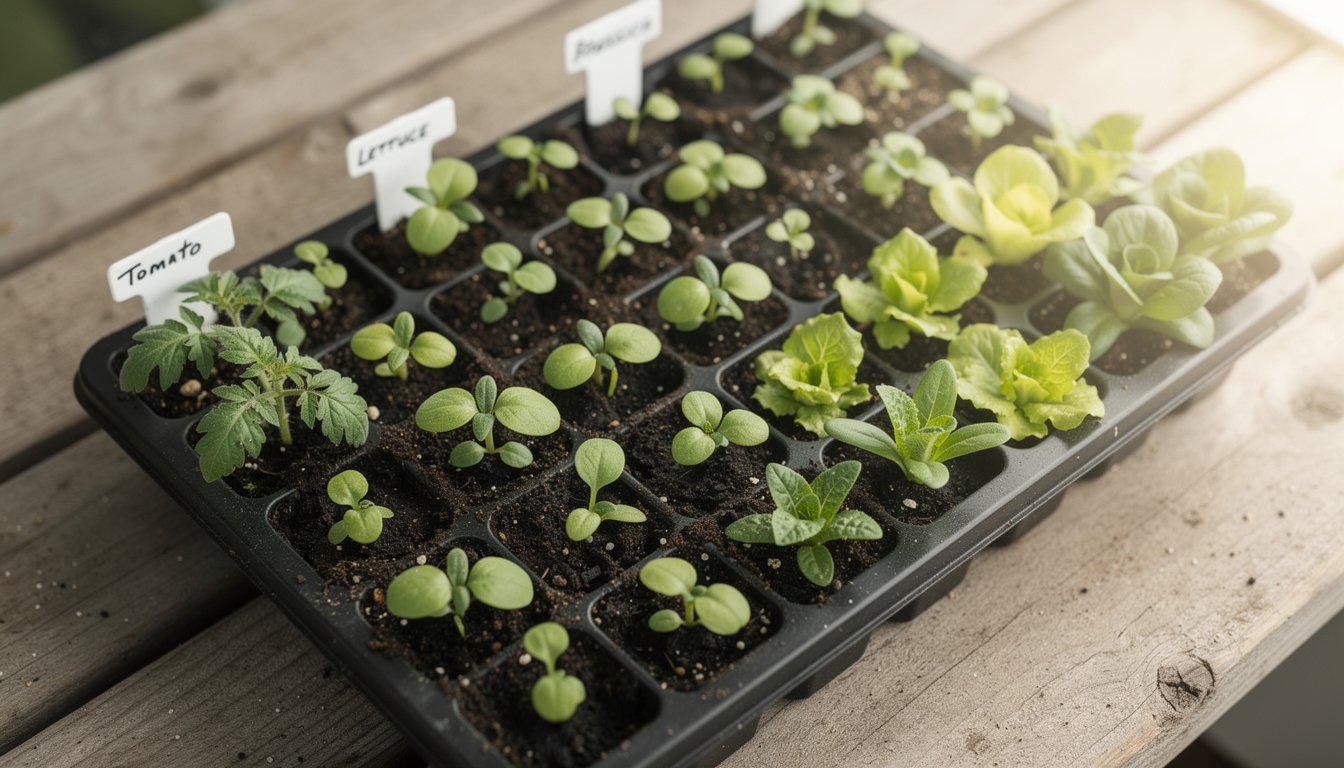 Rows of vegetable seedlings in a seed tray ready for transplanting